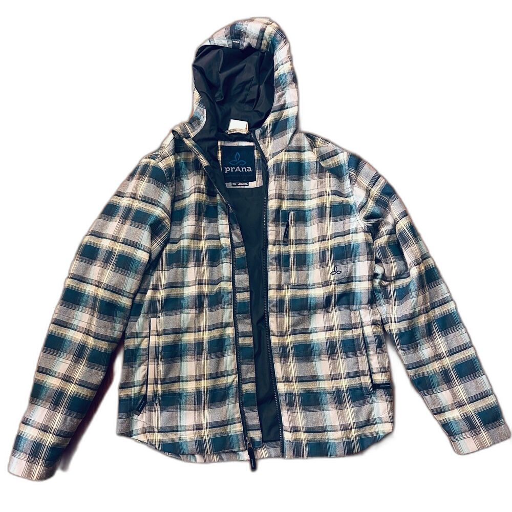 prAna Men Breathe Plaid Hooded Flannel Insulated Quilted Sachet-Light Jacket SML